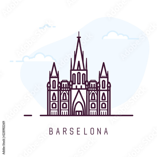 Barcelona city line style illustration. Old and famous Barcelona Cathedral in Spain. Spain architecture city symbol. Outline building vector illustration. Travel banner.