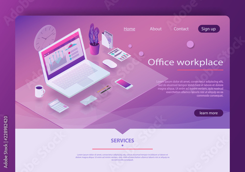 Isometric concept of modern and stylish workplace. Glass table, office supplies, monitor, books, notebook, phone, pen, paper, tea. Vector illustration