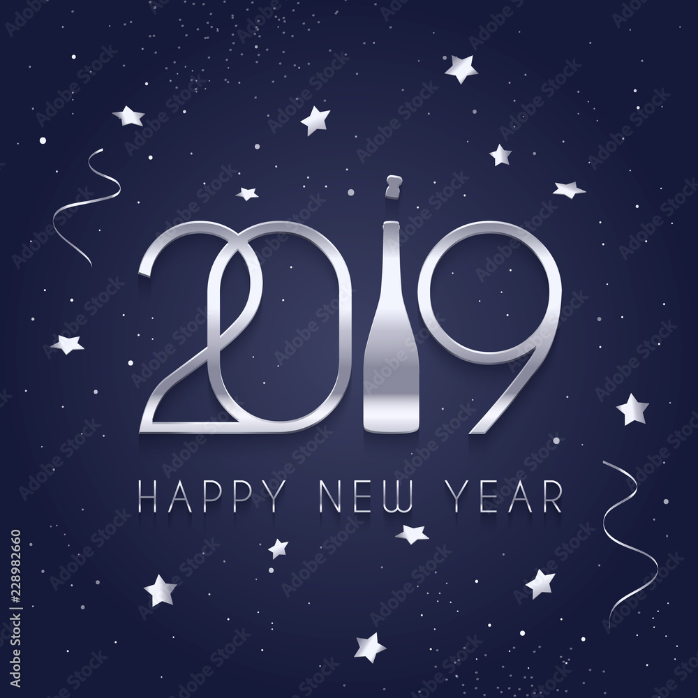 2019 Happy New Year, silver numbers and bottle of Champagne, stars and streamers on blue background. Vector.