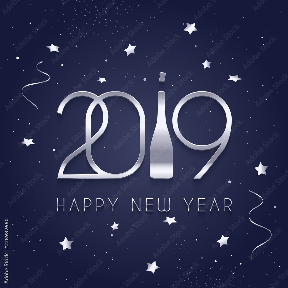 2019 Happy New Year, silver numbers and bottle of Champagne, stars and streamers on blue background. Vector. 2019 Happy New Year, silver numbers and bottle of Champagne, stars and streamers on blue background. Vector.