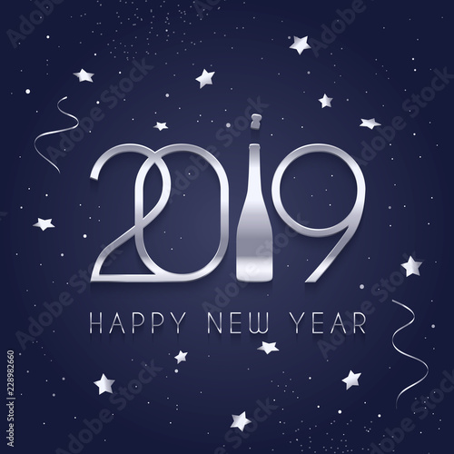2019 Happy New Year  silver numbers and bottle of Champagne  stars and streamers on blue background. Vector.
