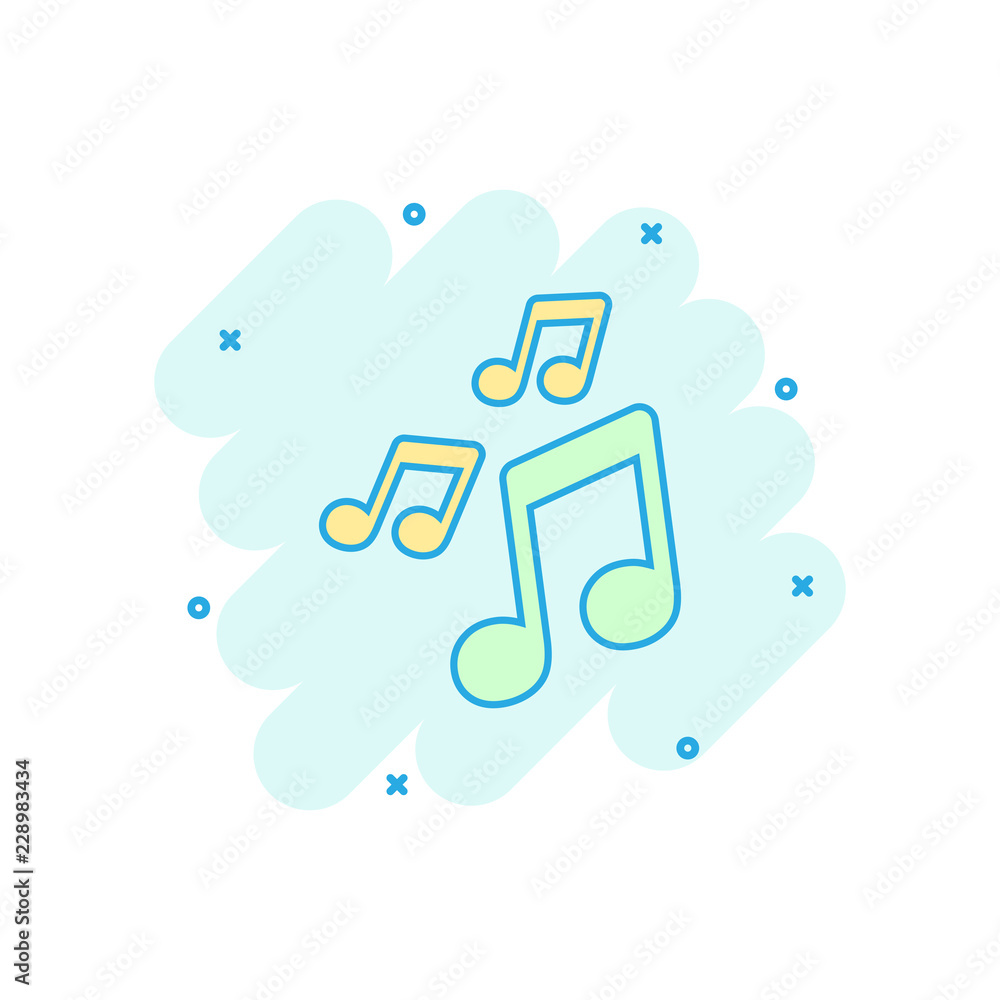 Vector cartoon music icon in comic style. Sound note sign illustration pictogram. Melody music business splash effect concept. Vector cartoon music icon in comic style. Sound note sign illustration pictogram. Melody music business splash effect concept.