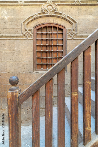 Staircase with wooden balustrade leading to Zeinab Khatoun historic house, Darb Al-Ahmar district, Old Cairo, Egypt photo