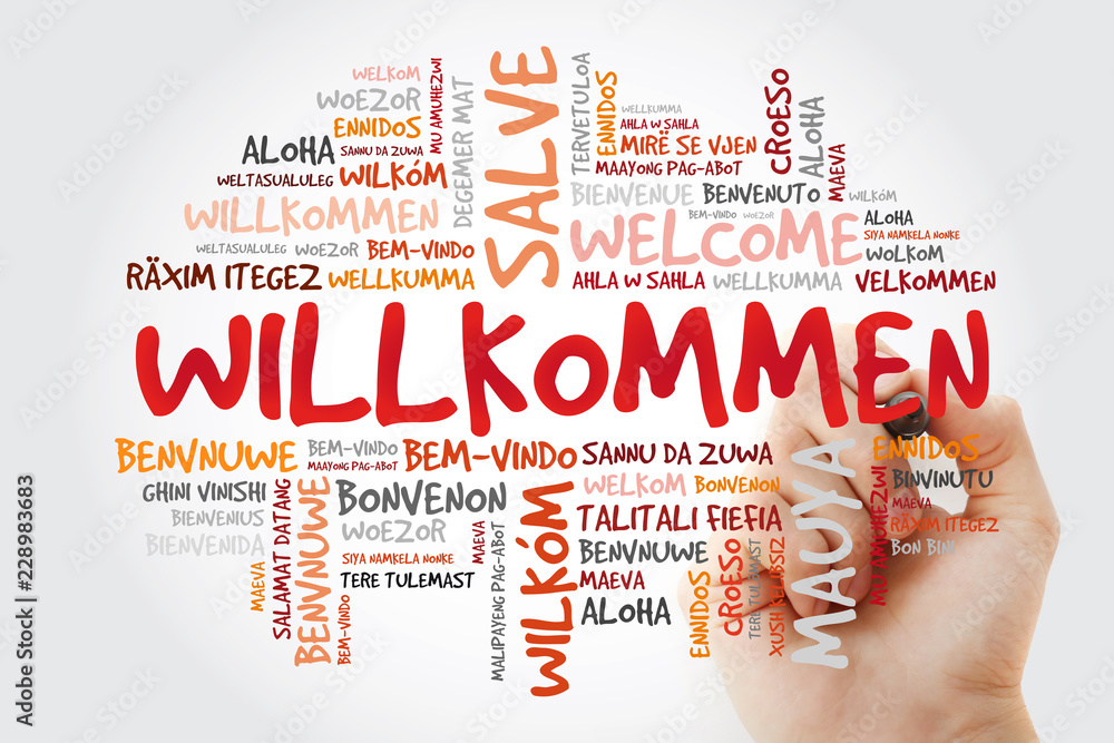 Willkommen (Welcome in German) word cloud in different languages with marker