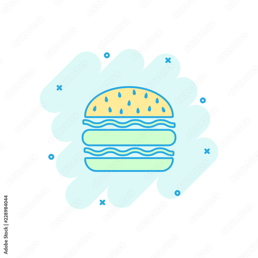 Vector cartoon burger fast food icon in comic style. Hamburger sign illustration pictogram. Burger business splash effect concept. Vector cartoon burger fast food icon in comic style. Hamburger sign illustration pictogram. Burger business splash effect concept.