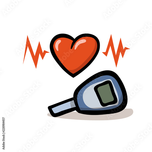 Glucometer and heart. Testing glucose. Medical diagnostic equipment. Healthcare monitoring, concept. Flat design icon. Colorful flat vector illustration. Isolated on white background.