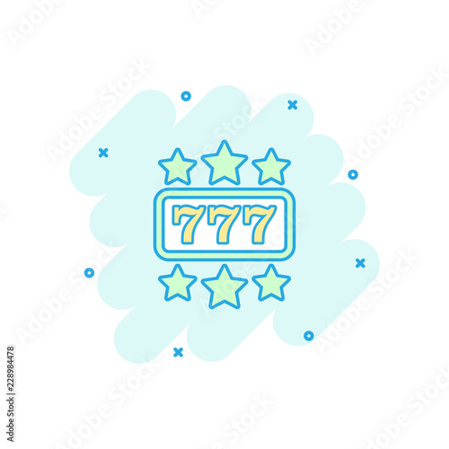 Vector cartoon casino slot machine icon in comic style. 777 jackpot sign illustration pictogram. Casino winner business splash effect concept.