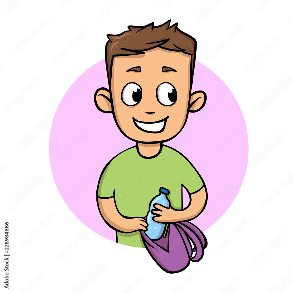 Smiling guy putting bottle of water in his bag. Staying hydrated flat design icon. Colorful flat vector illustration. Isolated on white background. Smiling guy putting bottle of water in his bag. Staying hydrated flat design icon. Colorful flat vector illustration. Isolated on white background.
