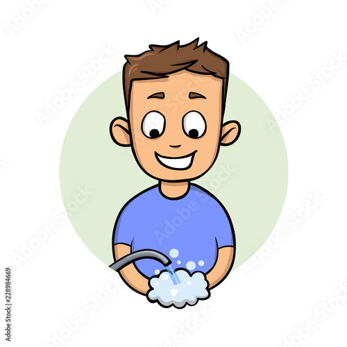Smiling guy washing hands. Flat design icon. Colorful flat vector illustration. Isolated on white background.