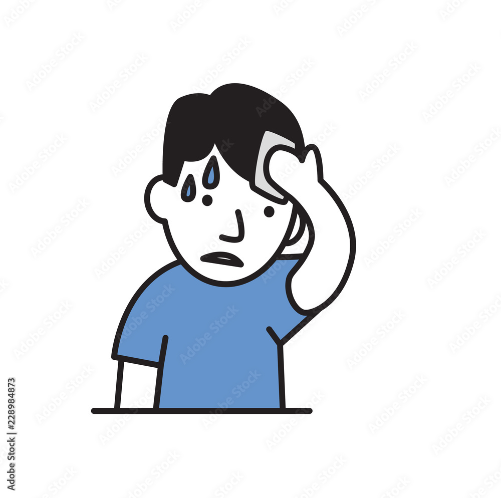 Young sweating man wipes his forehead. Flat design icon. Colorful flat vector illustration. Isolated on white background. Young sweating man wipes his forehead. Flat design icon. Colorful flat vector illustration. Isolated on white background.