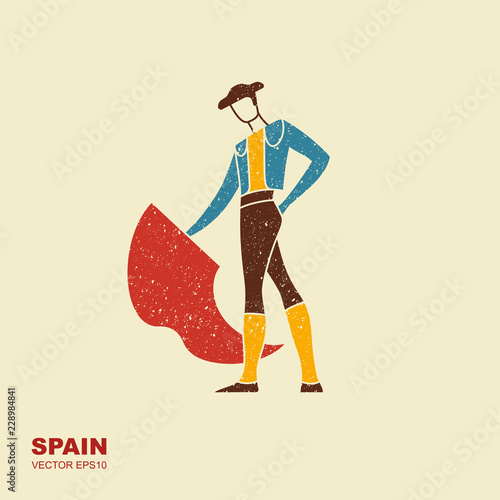 Bullfight, matador. Flat stylized icon with scuffed effect