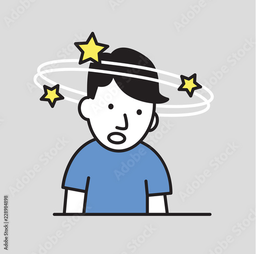 Confused boy seeing spinning stars. Loss of consciousness flat design icon. Colorful flat vector illustration. Isolated on gray background.