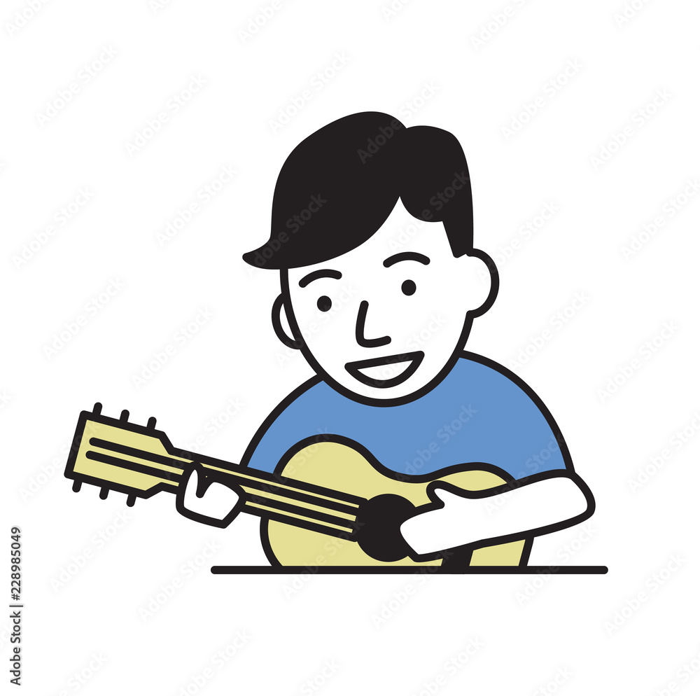 Funny guy playing guitar. Cartoon flat design icon. Flat vector illustration. Isolated on white background. Funny guy playing guitar. Cartoon flat design icon. Flat vector illustration. Isolated on white background.