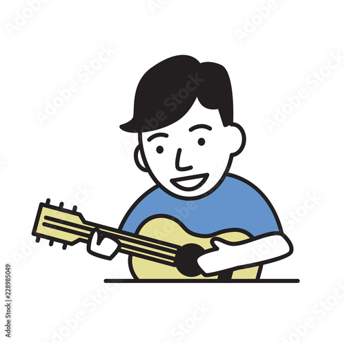 Funny guy playing guitar. Cartoon flat design icon. Flat vector illustration. Isolated on white background.