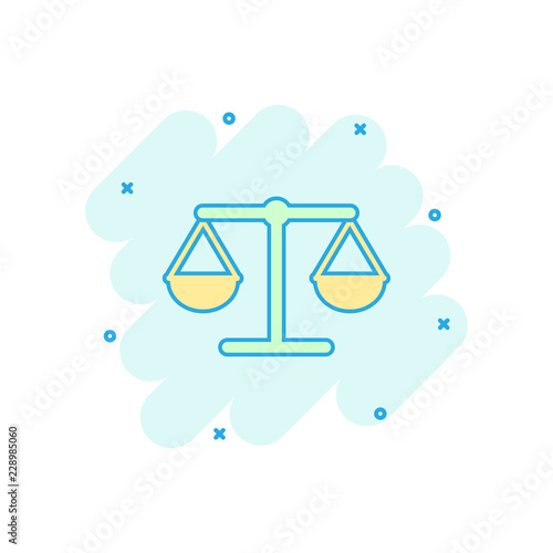 Vector cartoon scale weigher icon in comic style. Weigher sign illustration pictogram. Balance business splash effect concept.