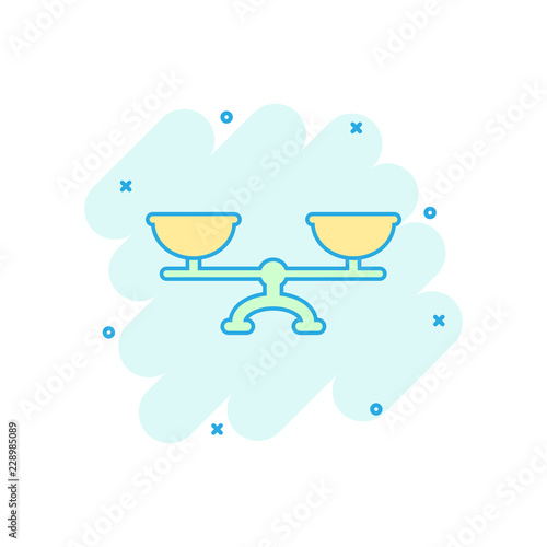 Vector cartoon scale weigher icon in comic style. Weigher sign illustration pictogram. Balance business splash effect concept.