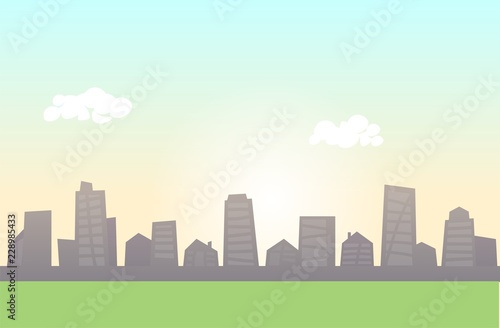 Vector cityscape skyline with green meadow in the foreground. Colorful flat line vector illustration. Horizontal.