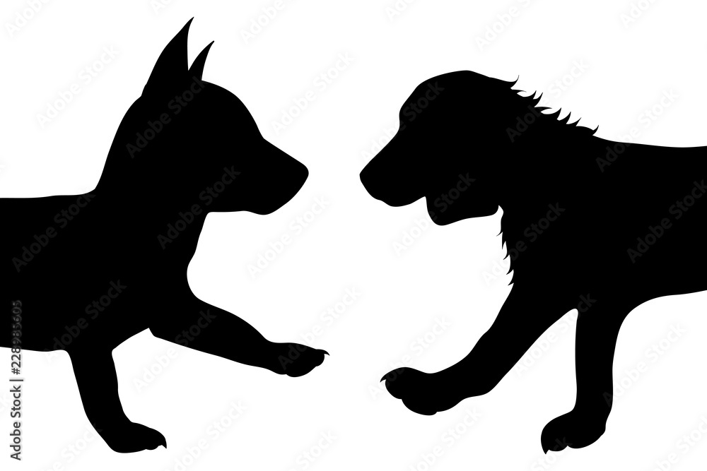 Vector silhouette of puppy dog on white background.