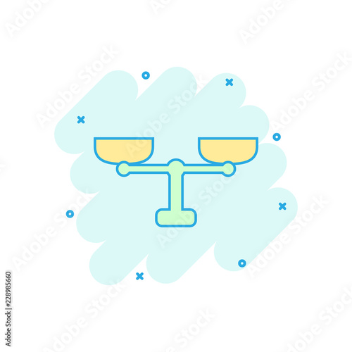 Vector cartoon scale weigher icon in comic style. Weigher sign illustration pictogram. Balance business splash effect concept.