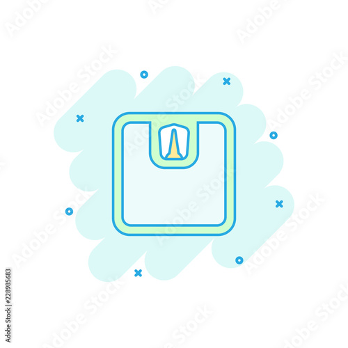Vector cartoon bathroom scale weigher icon in comic style. Weigher sign illustration pictogram. Balance business splash effect concept.
