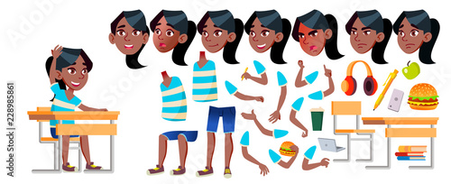 Girl Schoolgirl Kid Vector. Black. Afro American. High School Child. Animation Creation Set. Face Emotions, Gestures. High School. Young People, Face, Cheerful. Animated. Isolated Illustration