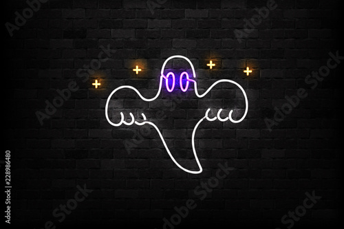 Vector realistic isolated neon sign of Ghost logo for decoration and covering on the wall background. Concept of Happy Halloween.