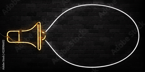 Vector realistic isolated neon sign of Megaphone frame logo for decoration and covering on the wall background. Concept of hiring, join us and cv.