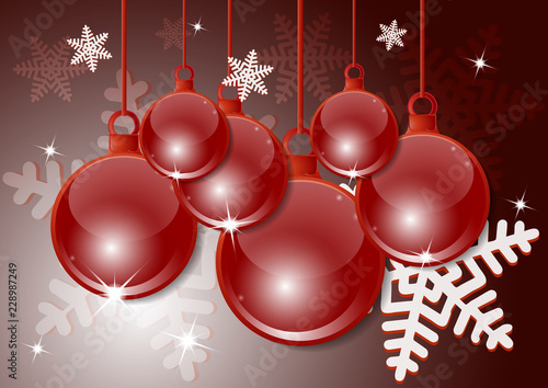 New Year  Christmas background with festive balls. Snowflakes. Design and decoration. Vector illustration.