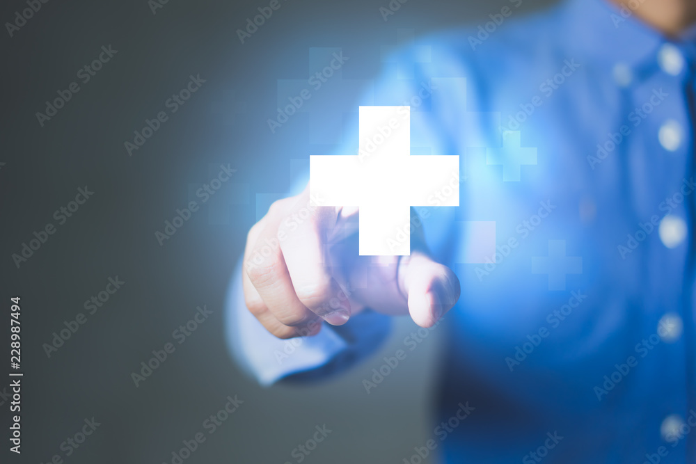 Businessman pushing button positive thing. Business for Profit, Benefit, Development and growth Concepts. Represented by a plus sign Businessman pushing button positive thing. Business for Profit, Benefit, Development and growth Concepts. Represented by a plus sign