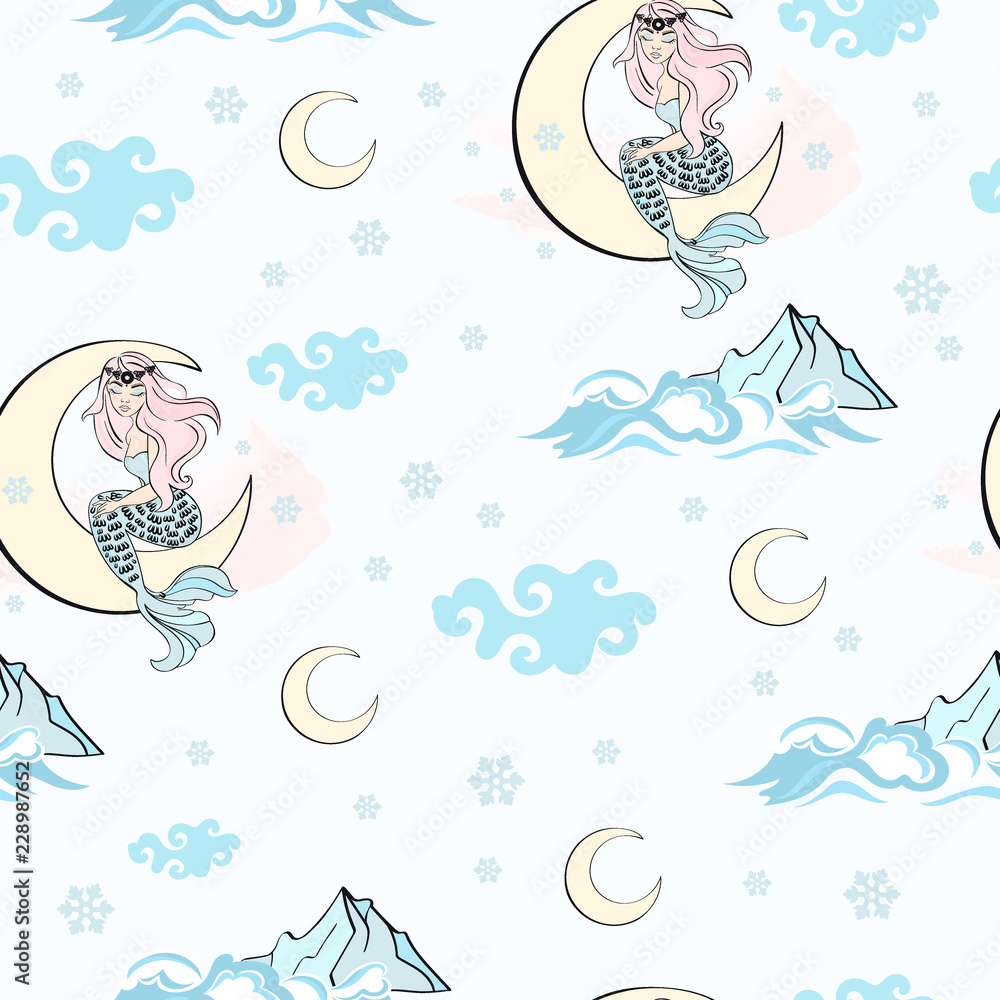 Fototapeta Wedding Birthday Holiday Party Merry Christmas New Year Seamless Pattern MOON MERMAID PATTERN Color Vector Illustration