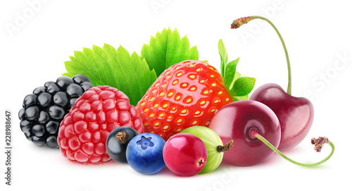 Isolated berries. Pile of fresh fruits (blackberry, raspberry, black currant, blueberry, cranberry, gooseberry, strawberry and cherries) isolated on white background with clipping path