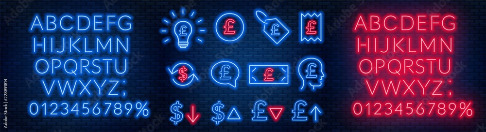 Vector neon financial signs on dark background. Signs of currency exchange, currency appreciation and depreciation, prices, business ideas, speech bubble and others. Neon alphabets with numbers. Vector neon financial signs on dark background. Signs of currency exchange, currency appreciation and depreciation, prices, business ideas, speech bubble and others. Neon alphabets with numbers.