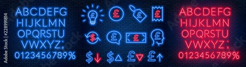Vector neon financial signs on dark background. Signs of currency exchange, currency appreciation and depreciation, prices, business ideas, speech bubble and others. Neon alphabets with numbers.