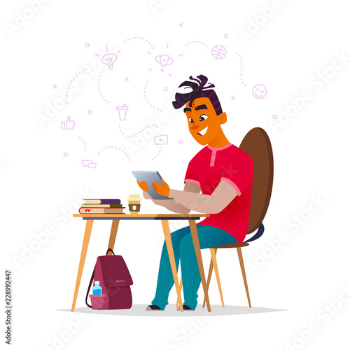 A boy sits at a desk and learns. Educational concept. Cartoon character design of student.