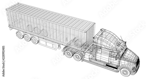 Model trailer truck. Wire-frame. EPS10 format. Vector rendering of 3d.