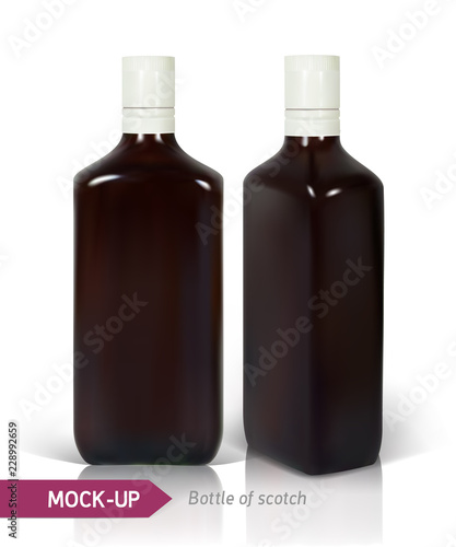 Dark realistic square Scotch bottles isolated on white background with reflection. Mockup for bottles design with a strong drinks such as scotch, whiskey, brandy, etc.