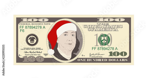 Design template 100 Dollars Banknote with Santa red hat. One hundred dollar bill for Christmas sales. American president Benjamin Franklin. Suitable for discount cards, coupon, flyer, vouchers.