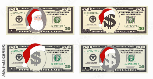 Design template 50 Dollars Banknote with Santa Claus and red hat. Fifty dollar bill for Christmas sales. Suitable for discount cards, leaflet, coupon, flyer, vouchers. Vector in flat style. Isolated.