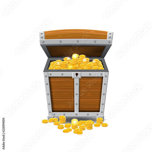 Wooden old pirate chests, full of treasures, gold coins, treasures, vector, cartoon style, illustration, isolated. For games, advertising applications