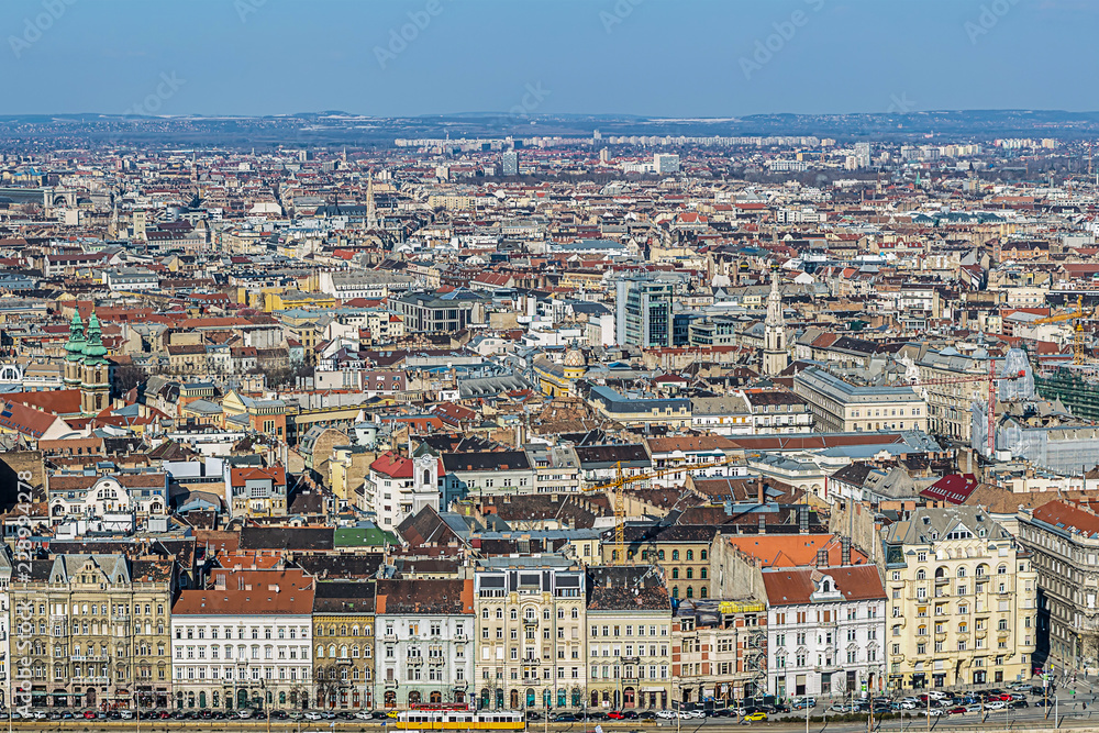 panorama from a high point to the center of Budapest many buildings with red terracotta roof perspective view of the base. Hengry Budapest March 2018
