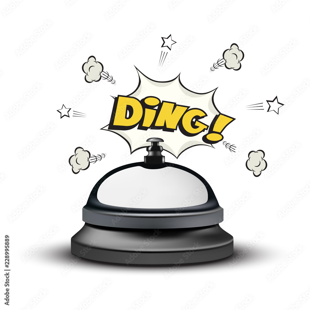 Realistic reception bell and Ding sign in comic book style on white  background. Vector illustration. Stock Vector
