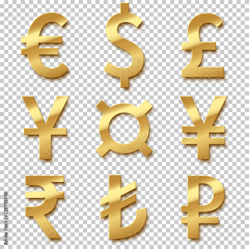 Golden currency sign set. Vector golden euro, dollar, pound, yen, yuan, rupee, lira and rouble signes isolated on transparent background.