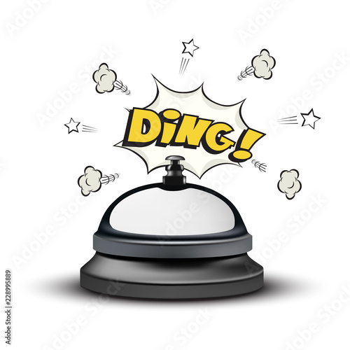 Realistic reception bell and Ding sign in comic book style on white background. Vector illustration.