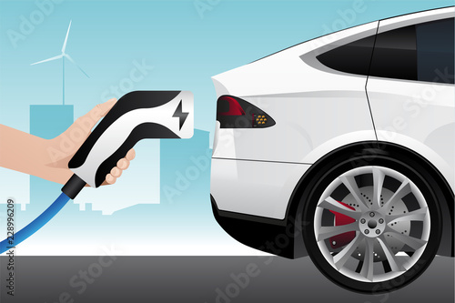 Hand with charging plug. Charging an electric car. Vector illustration