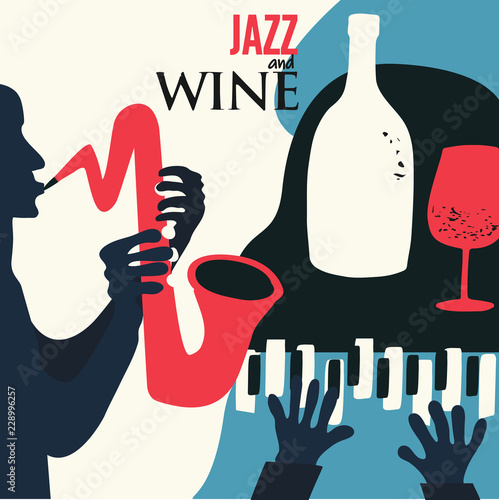 Music and wine colorful background flat vector illustration. Party flyer, jazz music club, wine tasting event, wine festival and celebrations poster design for brochure, invitation card, menu