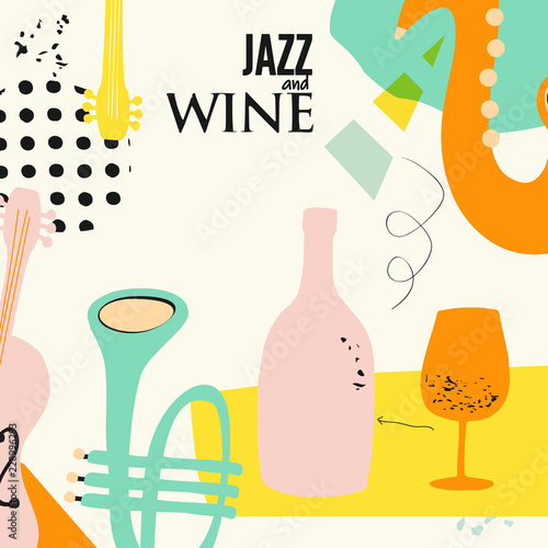Music and wine colorful background flat vector illustration. Party flyer, jazz music club, wine tasting event, wine festival and celebrations poster design for brochure, invitation card, menu