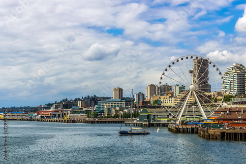 Great or Ferris Wheel and waterfront of Seattle from Elliott Bay. Seattle Skyline. © Matthieu