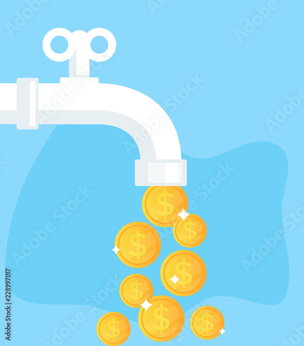 Open tap with flow of golden coins currency dollars. Financial success concept. Vector flat cartoon isolated graphic design illustration