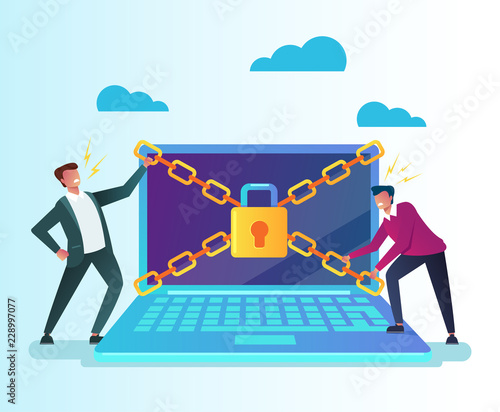 Hackers man characters trying to hack privacy laptop pc personal data information. Data protection online login password concept. Vector flat cartoon graphic design isolated illustration