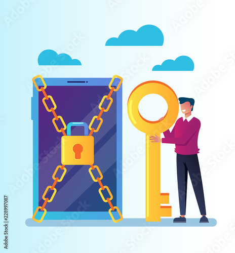 Man characters holding key and unlock privacy smartphone personal data information. Data protection online login password concept. Vector flat cartoon graphic design isolated illustration